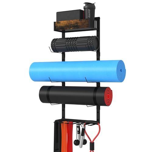 Yoga Mat Holder Wall Mount - Tool-free Adjustable Yoga Mat Rack Shelf, All-in-one Foam Roller Holder for Resistance Bands & Blocks, Space-saving Home Gym Organizer for Small Space Training Storage