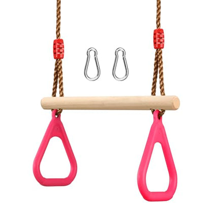 PELLOR Trapeze Bar Gym Rings -Trapeze Swing Bar for Playground Wooden Swing Set with Adjustable Rope Kit Equipment for Children Adult - color: Pink