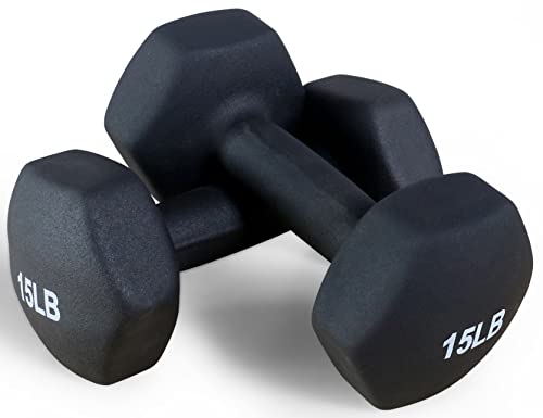 Fitvids Neoprene Dumbbell Hand Weights, Anti-Slip, Anti-roll, Hex Shape Colorful, Pair or Set with Stand - style: 15-Pound, Pair