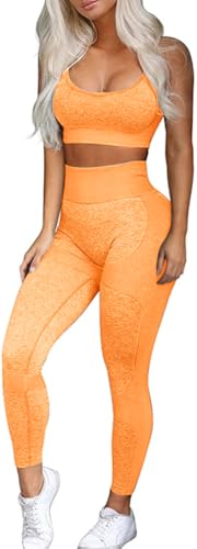 Women’s Workout Sets 2 Piece - Seamless Yoga Leggings and Cross-Strap Sports Bra Gym Outfits Activewear Matching Set - color: Bra and Leggings: Orange, size: Large