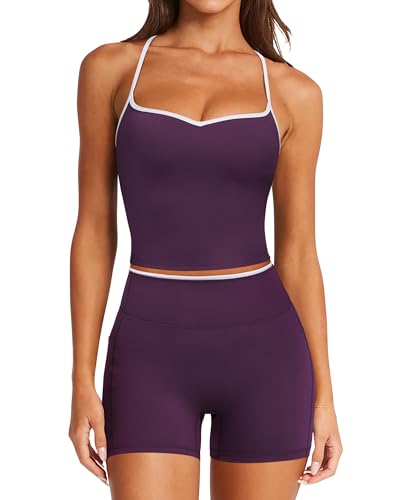 RXRXCOCO Color Block Workout Sets for Women 2 Piece Padded Strappy Tank Tops Hidden Scrunch Booty Shorts with Pockets - color: Dark Purple, size: X-Small