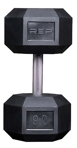Rep Fitness Rubber Hex Dumbbell(s) - Singles (55LB +) and Pairs (5LB - 50LB) - Low Odor, Fully Knurled Handle - style: 90 LB SINGLE DB