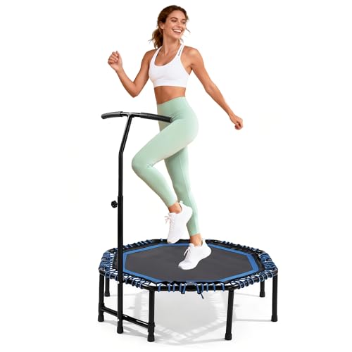 48" Mini Trampoline for Adults, Rebounder with Adjustable Handle Bar, Bungee Ropes, Indoor Outdoor,Fitness Trampoline for Home and Gym, Cardio & Strength Training - color: Blue