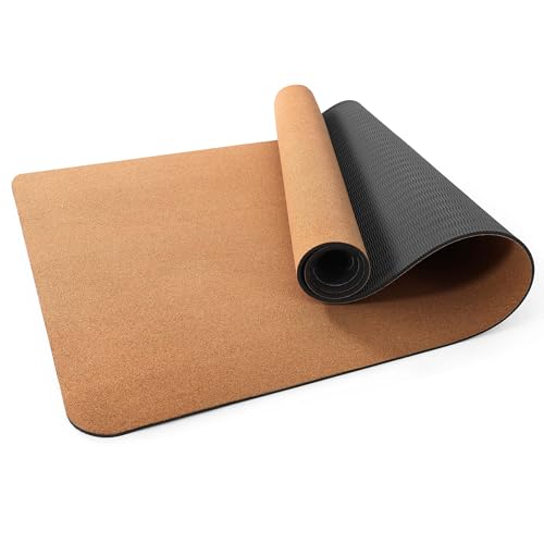 Premium Cork Yoga Mat 1/4 & 2/5 Inch Thick 72 x 26 in, Thick Cork and TPE Non Slip Yoga Mats for Women Men, Sweat Proof Eco-friendly, Great for Hot Yoga & Workouts