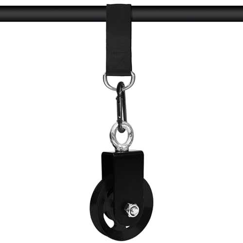 LFJ Aluminum Alloy Cable Pulley with Swing Strap Carabiner, 90mm Pulley Wheel for LAT Pulley System DIY Pull Down Attachment,Ladder Lift,Home Gym Equipment - color: Black