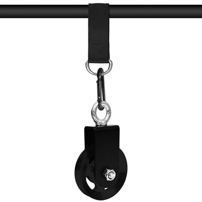 LFJ Aluminum Alloy Cable Pulley with Swing Strap Carabiner, 90mm Pulley Wheel for LAT Pulley System DIY Pull Down Attachment,Ladder Lift,Home Gym Equipment - color: Black-2Pack