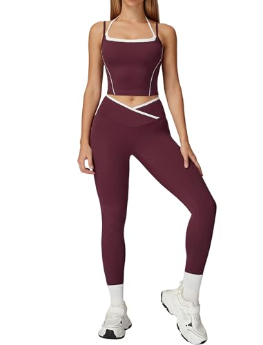 Womens Workout Sets Two Piece Spaghetti Straps Tank Top Matching High Waist Leggings Gym Work Out Outfits with Pockets - color: V-wine Red, size: Small