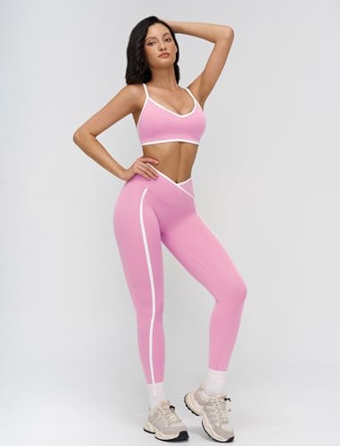 Contrast Workout Sets for Women 2 Piece Yoga Gym Sets Color Block Sports Bra Crossover High Waist Leggings Pilates Outfits
