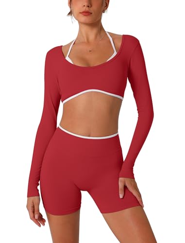 ABOCIW Workout Sets for Women 2 Piece Seamless Color Block Long Sleeve Crop Top Scrunch Butt High Waist Shorts Gym Set - color: Red, size: X-Small