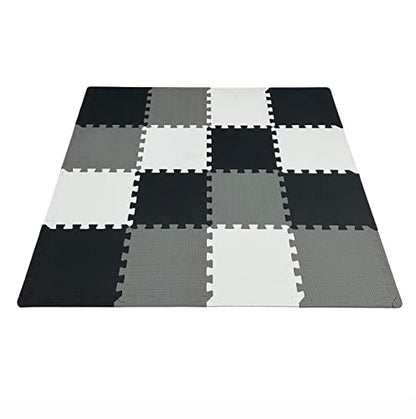 16 Pieces Foam Play Mat with Border, Interlocking Playmat Tiles, Foam Floor Mat Tiles, Puzzle Play Mats, Exercise Gym Mats – Color of Black & Grey & White