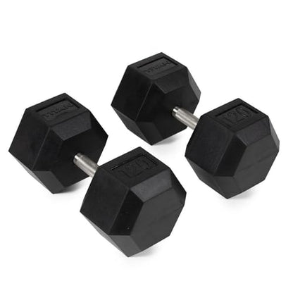 Titan Fitness 120 LB Pair Free Weights, Black Rubber Coated Hex Dumbbell, Straight Stainless Steel Handle, Strength Training, Full Body Workout