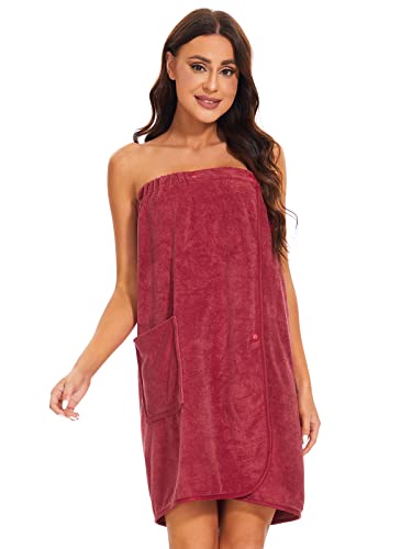 Knuffnee Women Bath Towel Robe Spa Body Wrap Shower Bathrobe Adjustable Snap Closure - color: Wine Red, size: Small-Medium