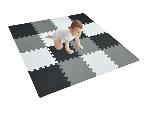 16 Pieces Foam Play Mat with Border, Interlocking Playmat Tiles, Foam Floor Mat Tiles, Puzzle Play Mats, Exercise Gym Mats – Color of Black & Grey & White