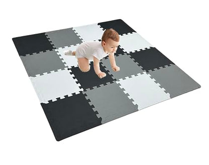 16 Pieces Foam Play Mat with Border, Interlocking Playmat Tiles, Foam Floor Mat Tiles, Puzzle Play Mats, Exercise Gym Mats – Color of Black & Grey & White