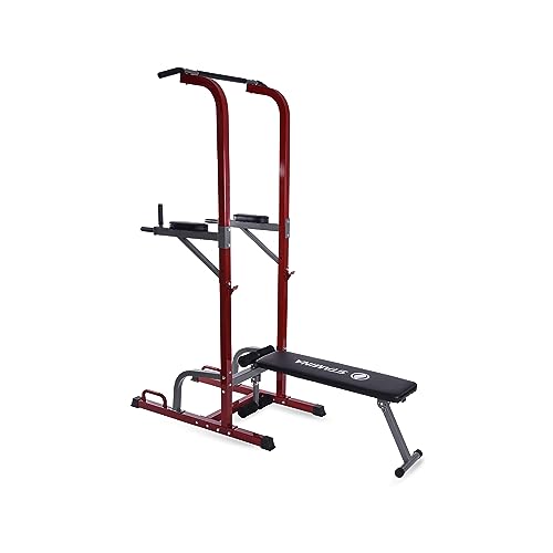 Stamina Full Body Power Tower 735 - Dip Bar with Built-in Bench and Rack - Pull Up Bar Station with Smart Workout App - Dip Bars for Home Workout - Up to 300 lbs Weight Capacity | Dip Bar with Built-in Bench and Rack; Pull Up Bar Station with Smart Workou
