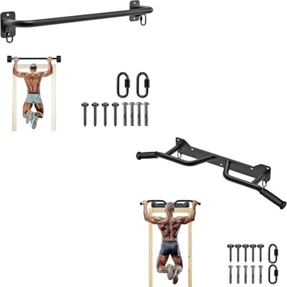 SELEWARE Heavy Duty Wall Mount Pull Up Bar Bundle - Fully Welded Steel, 600 lb Capacity, w/Resistance Band Hooks & Multiple Grip Options - For Doorway, Beam or Joist