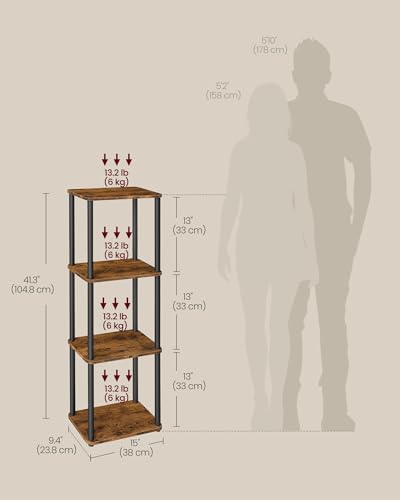 VASAGLE 4-Tier Shelf, Storage Shelves, Bookcase with Shelves, Living Room - color: Rustic Brown + Ink Black, size: 4 Tiers (15"W)