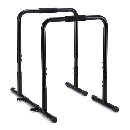 OLIXIS Dip Bar, Adjustable Heavy Duty Dip Bar Station with Soft High-Density Foam Handles, Stabilizer Parallel Parallette Bar Fitness Equipment for Home, Gym, Patio, Office - Black