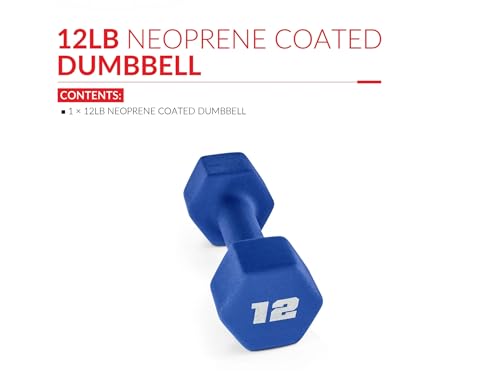 12 lb Neoprene Hex Dumbbell, Single, Non-Roll Design with Comfort Grip for Home Gym, Strength Training, HIIT Workouts for Men & Women