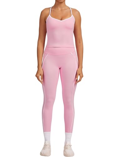 Women 2 Piece Workout Sets Cross Back Color Block Tank Tops Tummy Control Active Leggings Yoga Outfits with Pockets