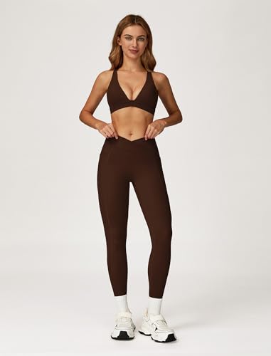 ABOCIW Womens Two Piece Workout Sets Deep V Neck Sports Bra Crossover Leggings with Pockets Gym Yoga Pilates Outfits