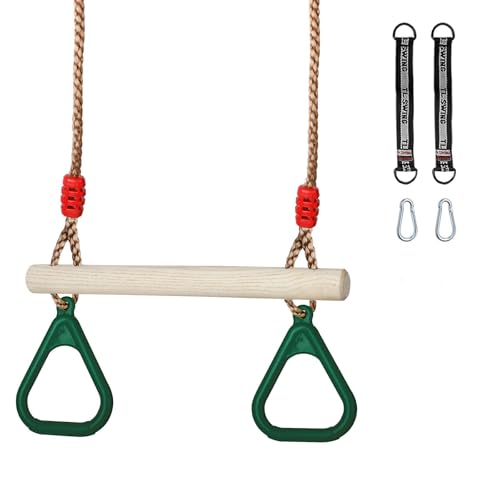 Trapeze Swing Bar with Rings, Wooden Trapeze Swing Bar with Plastic Gym Rings Adjustable Rope, Locking Straps, Outdoor Swing Set Playground Accessories for Kids (Green)
