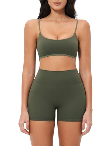 Women 2 Piece Workout Set Color Block Adjustable Spaghetti Strap Sports Bra Tummy Control Active Shorts Yoga Outfits - color: Army Green, size: Medium