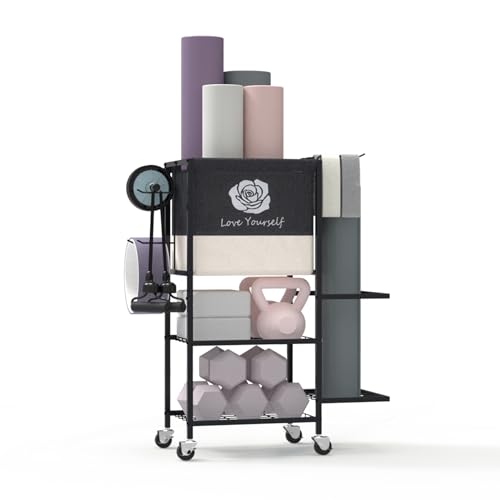Multi-Functional Home Gym Storage Rack,All-in-One Weight Rack,Yoga Mat Foam Rollder Holder with Wheels and Side Holder - color: Black