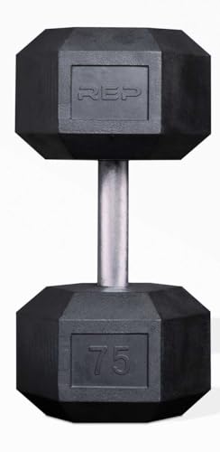 Rep Fitness Rubber Hex Dumbbell(s) - Singles (55LB +) and Pairs (5LB - 50LB) - Low Odor, Fully Knurled Handle - style: 75 LB SINGLE DB