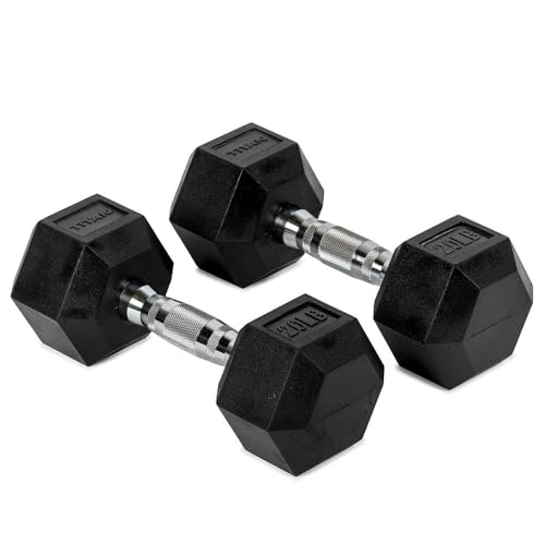 Titan Fitness Pair Rubber Coated Hex Dumbbells, Roll-Resistant Hexagonal Free Weights, Chrome-Coated Handles with Knurling, Strength Training Equipment - style: 20 lb, Pair