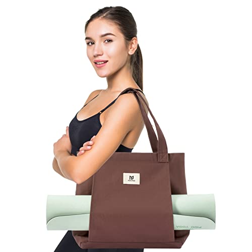 Moyaqi Canvas Tote Bag with Yoga Mat Carrier Pocket Carryall Shoulder Bag for Office, Workout, Pilates, Travel, Beach and Gym - color: Brown