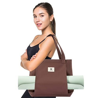 Moyaqi Canvas Tote Bag with Yoga Mat Carrier Pocket Carryall Shoulder Bag for Office, Workout, Pilates, Travel, Beach and Gym - color: Brown