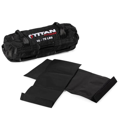 Titan Fitness 25-75 LB PRO Strongman Sandbags, Double Layer, 1050D Cordura, Black, Carry Home Gym Training