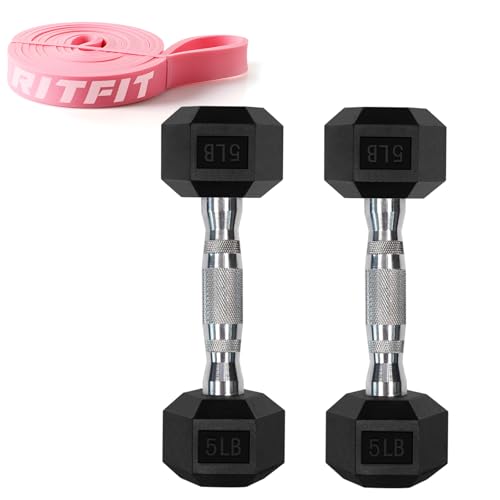 RitFit Rubber Coated Hex Dumbbell Set with Rack, 5-780LB for Home Gym Strength Training, Anti-Slip Knurled Handle, Hexagon Anti-Roll, Heavy-Duty Storage Rack - style: 2 X 5 LBS with pull up assist band