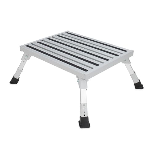Camco Folding Aluminum Step Stool, Adjustable Height for RV and Trailers, Silver - Lightweight, Foldable, and Heavy-Duty Stepping Platform for Home and Camping - style: Adjustable Step