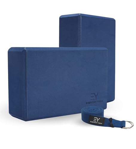 Everyday Yoga Foam Block and Yoga Strap Set, Multi-Color for Yoga, Pilates - color: True Navy, size: 4" Thick - with Strap