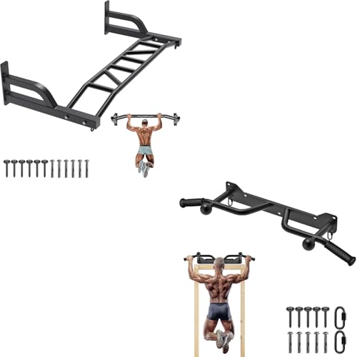 SELEWARE Heavy Duty Wall Mounted Pull Up Bar Bundle - Multi-Grip Chin Up Bar with Ball Finger Training, Resistance Band Hooks & Heavy Bag Anchors, Supports 600lbs