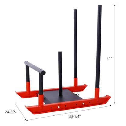 Weight Sled Training Sled with Push Poles & Harness, Adjustable Power Compatible with 1-inch & 2-inch Plates, Strength Training Sleds for Athletic Performance - color: Black+Red