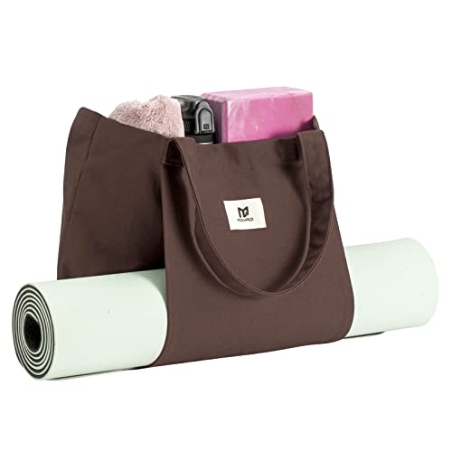 Moyaqi Canvas Tote Bag with Yoga Mat Carrier Pocket Carryall Shoulder Bag for Office, Workout, Pilates, Travel, Beach and Gym - color: Brown