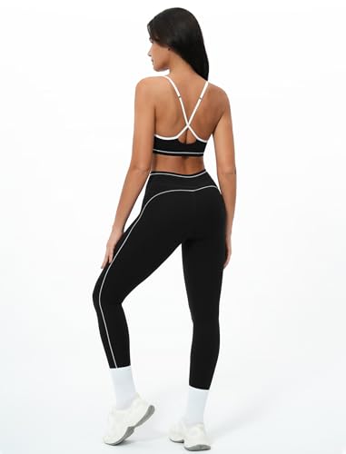 Women 2 Piece Workout Adjustable Strappy Color Block Sports Bra High Waist Tummy Control Leggings Yoga Pilates Outfits