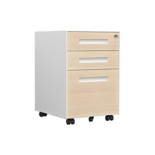 3 Drawer Locking File Cabinet, Under Desk Metal Filing Cabinet for Legal/Letter/A4 File, Fully Assembled Include Wheels, Home/Office Design (White+Cherry)