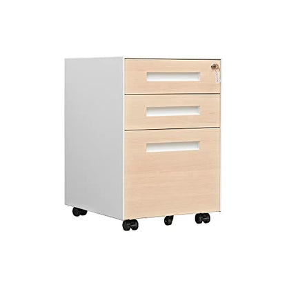 3 Drawer Locking File Cabinet, Under Desk Metal Filing Cabinet for Legal/Letter/A4 File, Fully Assembled Include Wheels, Home/Office Design (White+Cherry)