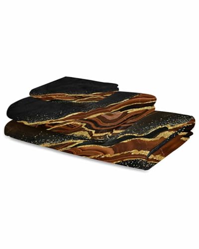 Marble Brown Bath Towels for Bathroom Set - Luxury Towels Gifts for Women,Dry Beach Kitchen Hand Hair Face Yoga Workout Gym Towel and Dish Washcloth,Gradient Abstract Modern Minimalist Black Gold