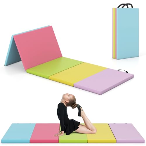 Goplus Gymnastics Mat, 6'x4' 3-Panel/6.6'x2.5' 5-Panel Folding Tumbling Mat w/Carrying Handles, Hook&Loop Fastener, Portable PU Leather Rainbow Exercise Mat for Home Gym Aerobics Yoga - color: 5-Panel, 5 Color - Pastel Set