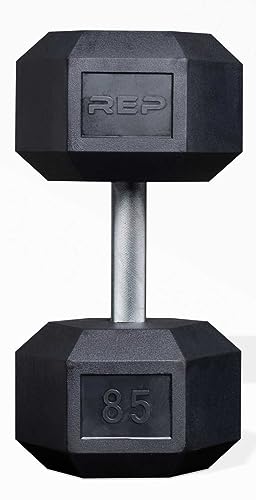 Rep Fitness Rubber Hex Dumbbell(s) - Singles (55LB +) and Pairs (5LB - 50LB) - Low Odor, Fully Knurled Handle - style: 85 LB SINGLE DB