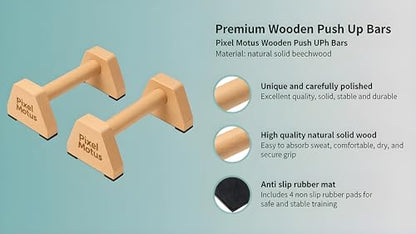 Wooden Push Up Bars – Solid Wood Parallettes with Ergonomic Wrist-Friendly Handles & Non-Slip Rubber Feet – Push Up Handles for Calisthenics, L-Sits, Dips, Handstands & Strength Training