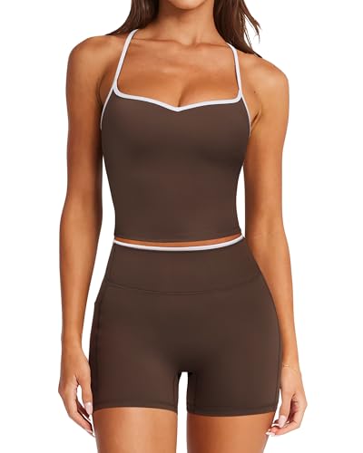 RXRXCOCO Color Block Workout Sets for Women 2 Piece Padded Strappy Tank Tops Hidden Scrunch Booty Shorts with Pockets - color: Brown, size: X-Small
