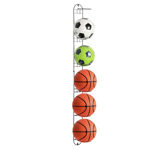 MyGift Modern Black Metal Sports Ball Storage Rack, Medicine Ball, Basketball, Soccer Ball, Volleyball Wall Holder for Gym or Garage