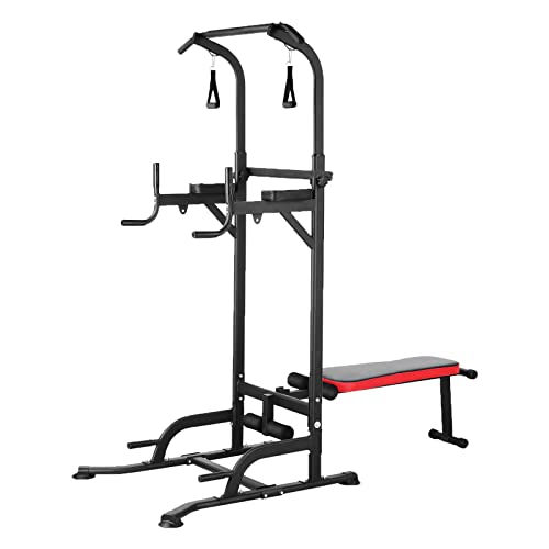 Power Tower with Bench, Pull Up Bar Dip Station, Power Tower Dip Station, Training Workout Equipment, Height Adjustable Pull Up Tower w/Folding Bench 4 Ropes, Strength Training, Home Gym