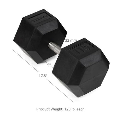 Titan Fitness 120 LB Pair Free Weights, Black Rubber Coated Hex Dumbbell, Straight Stainless Steel Handle, Strength Training, Full Body Workout
